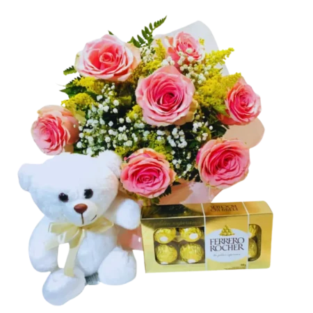 Pink Roses With Teddy And Chocolate